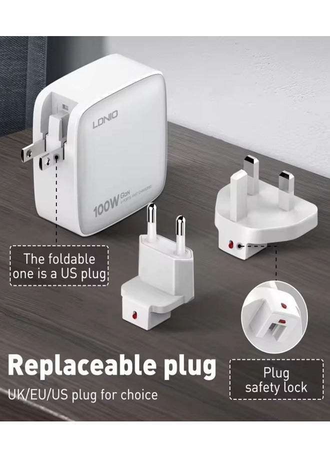 LDNIO 100W GaN Charger USB Port 3 Port Type C PD QC 3.0 Fast Wall Mains Power Delivery Adapter for Laptops, MacBook Pro/Air, Steam Deck, iPad, iPhone 16 Series, Samsung,Huawei, Oneplus,Xiaomi,Lenovo White - Image 1